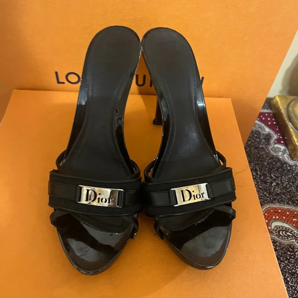 Vintage Dior Black Printed Canvas & Leather Peep Toe Clogs Sandals - Sz 40EU - Picture 3 of 6